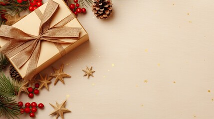 Christmas decoration composition on light gold background