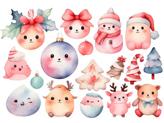 Set of watercolor Christmas elements on white background. Xmas season. 