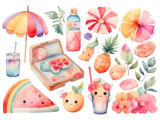 Set of summer holiday elements watercolor. 