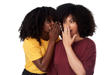 Whisper, shocked and women with gossip, secret and news isolated on transparent, png background. Face, black people or friends with announcement, info and surprise with emoji, communication and wow