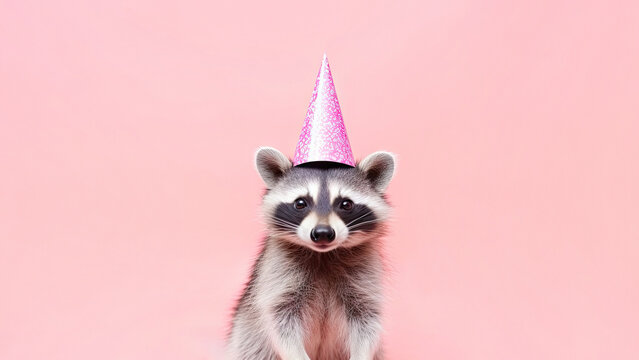 Creative animal concept, raccoon in party cone hat