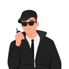 Man bodyguard use walkie talkie to inform security service about arrival of guest or dangerous situation. Guy working as bodyguard wear formal suit to take care of safety important person or business 