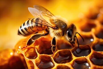 Detailed macro image of a bee collecting honey