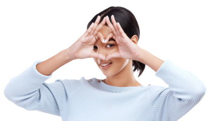 Frame, portrait and heart hands of woman for love or care isolated on a transparent PNG background. Happy female person with loving emoji, share or symbol on face in happiness, romance or confidence