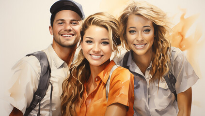 Obraz premium Vibrant Watercolor Portrait of a Diverse Team: Happy Coworkers, Beautiful Professionals, in Striking Contrasting Hues