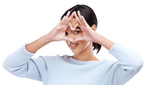 Frame, portrait and heart hands of woman for love or care isolated on a transparent PNG background. Happy female person with loving emoji, share or symbol on face in happiness, romance or confidence - Powered by Adobe