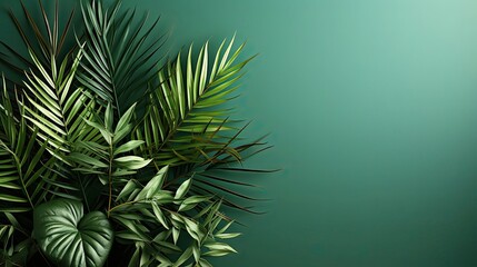 Fototapeta na wymiar Top view of green tropical leaf shadow on sand color background. Flat lay. Minimal summer concept with palm tree leaf. Creative copyspace. Background with shadow. Generative AI