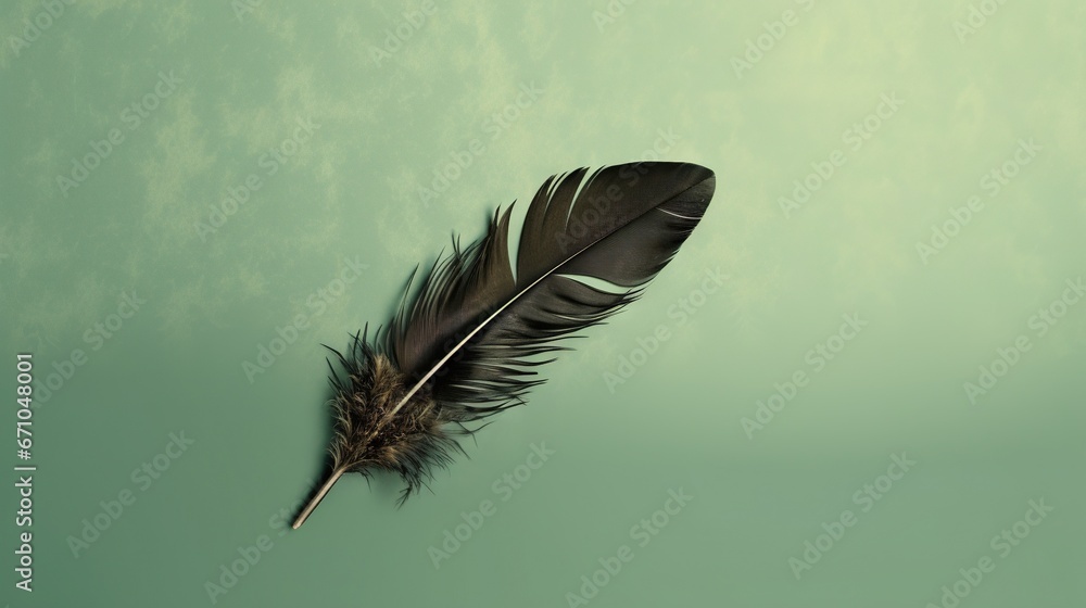 Poster a black and white feather floating on a green background with a white stripe. generative ai