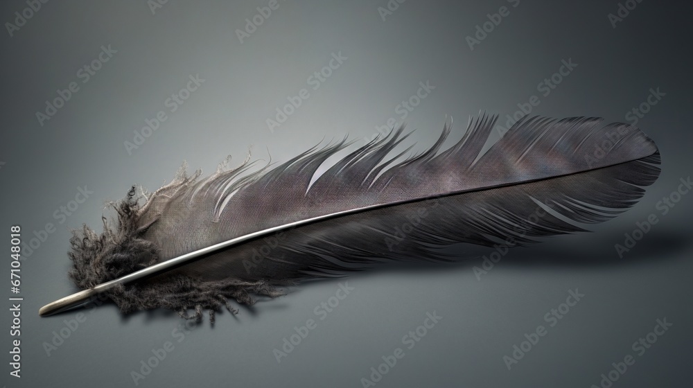 Poster a black and white feather on a gray background with a shadow. generative ai