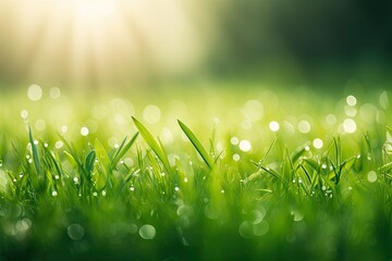 Juicy lush green grass on meadow with drops of water - obrazy, fototapety, plakaty