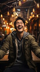 Smiling young handsome southeast Asian man clapping hands impressively in background. Man portrait illustration. Generative AI