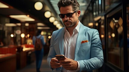 Full size young successful employee business man lawyer 20s wear formal blue suit white t-shirt move stroll hold use mobile cell phone hand in pocket. Man portrait illustration. Generative AI