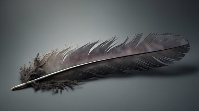  a black and white feather on a gray background with a shadow.  generative ai
