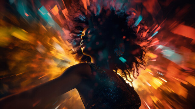 A young, beautiful black woman dancing at the club surrounded by the colorful lights. Rave, concert, party, event photography