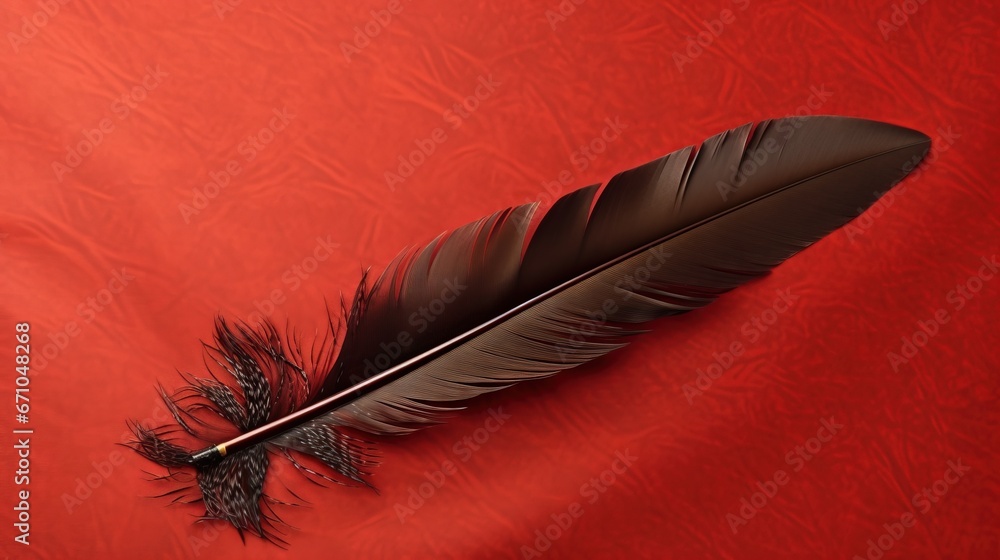 Aufkleber a feather quill laying on a red surface with a red background. generative ai