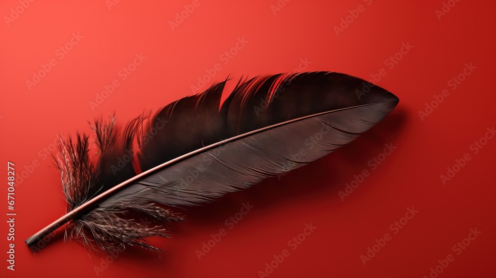 Poster a black feather on a red background with a black shadow. generative ai