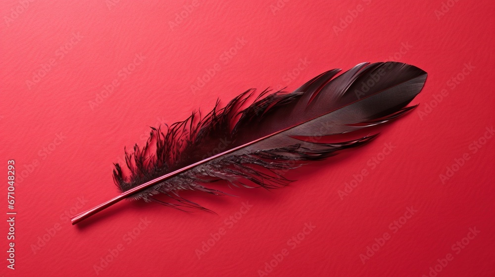 Poster a single black feather on a red surface with a red background. generative ai