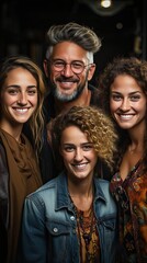 Fototapeta premium Many happy diverse ethnicity different young and old people group headshots in collage mosaic collection. Lot of smiling multicultural faces looking at camera. Generative AI art