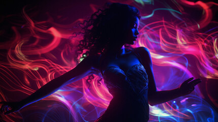 A young, beautiful black woman dancing at the club surrounded by the colorful lights. Rave,...