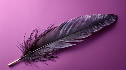  a feather quill on a purple background with a wooden stick.  generative ai