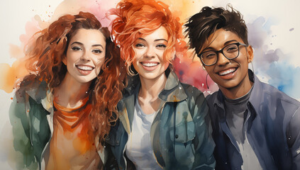 Fototapeta premium Watercolor Portrait of a Group of Friends: Cheerful Companions, Lovely Pals, in Cool and Warm Palettes
