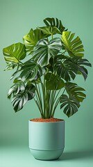 Clean image of a large leaf house plant Monstera deliciosa in a gray pot on a background. Agriculture plants illustration. Generative AI