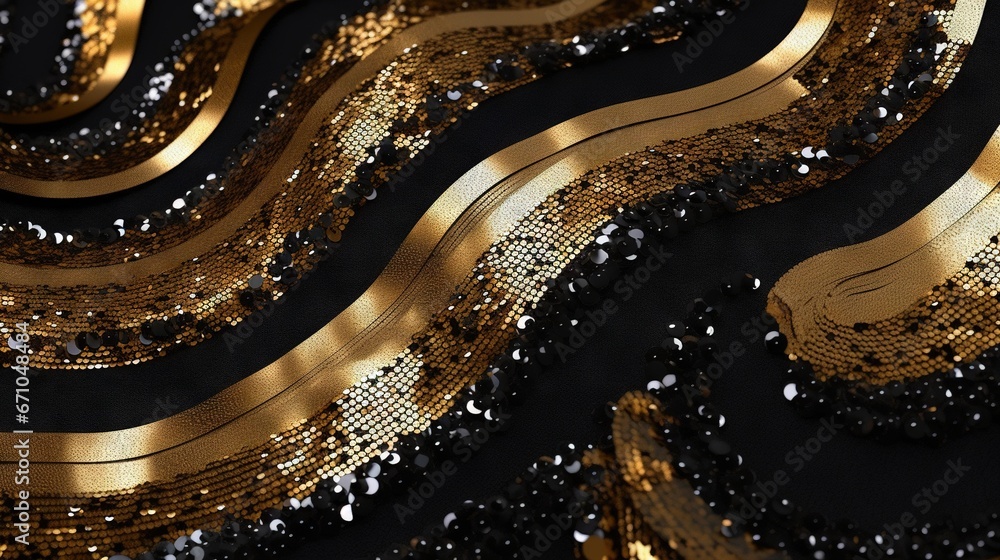 Poster a black background with gold sequins and a wavy design. generative ai