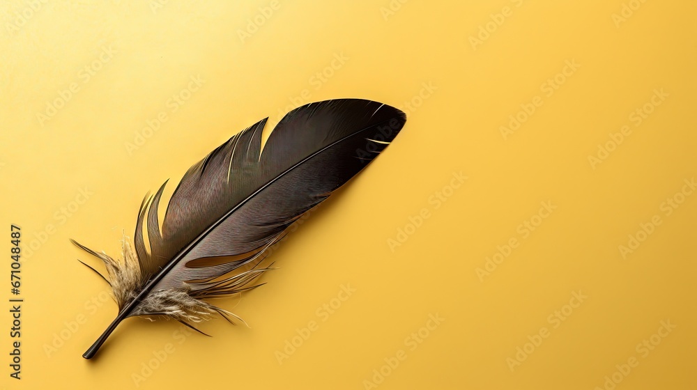Poster a black feather resting on a yellow surface with a shadow. generative ai