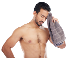 Fitness, towel and sweat of a man after exercise for wellness, muscle and training. Tired and shirtless Asian male athlete rest after hard work or workout isolated on a transparent, png background
