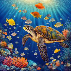 Underwater with turtle, colorful fish and corrals