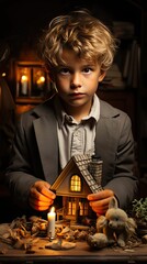 Boy looking through a dollhouse. People portrait illustration. Generative AI