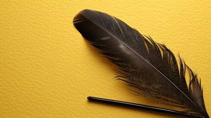  a black feather resting on a yellow surface next to a black pen.  generative ai