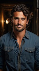 Obraz premium Portrait of young smiling caucasian man with crossed arms, wearing smart watch and casual denim shirt, on background. Model portrait illustration. Generative AI