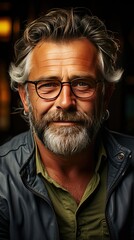 Obraz premium Portrait of happy mature man wearing spectacles and looking at camera outdoor. Man with beard and glasses feeling confident. Close up face of hispanic business man smiling. Generative AI art