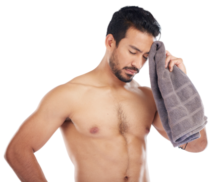 Fitness, towel and sweat of a man after exercise for wellness, muscle and training. Tired and shirtless Asian male athlete rest after hard work or workout isolated on a transparent, png background