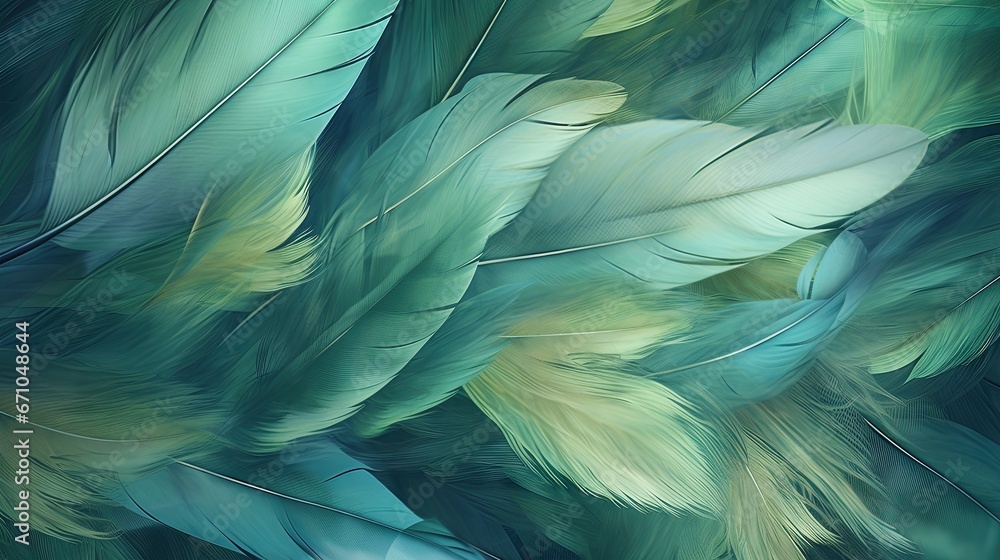 Poster a close up of a bunch of feathers on a table. generative ai