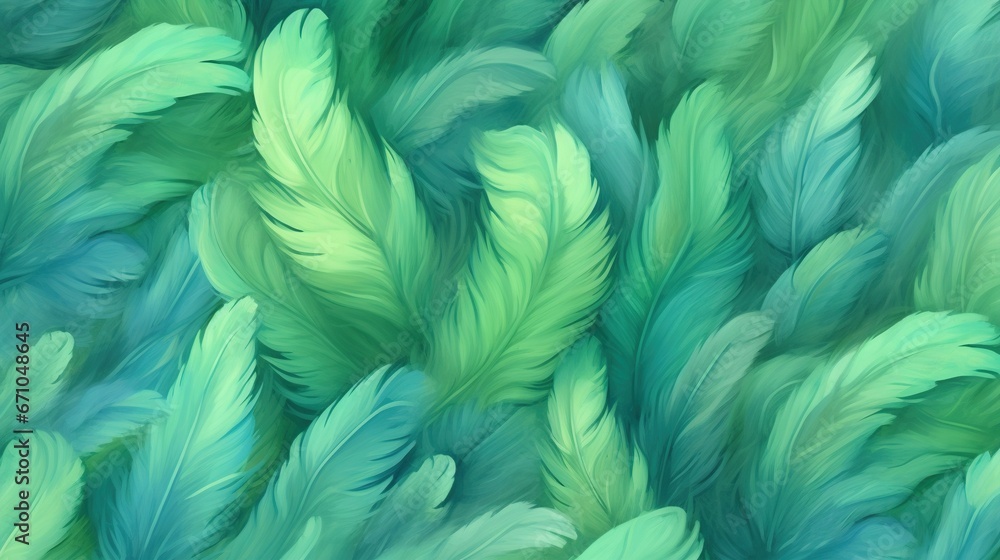 Poster a bunch of green feathers that are in the shape of a pattern. generative ai