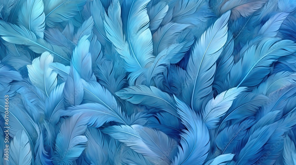 Poster a blue background with many feathers of different sizes and colors. generative ai
