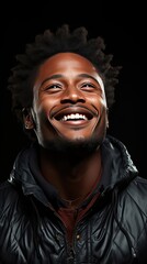 Fototapeta premium Handsome unshaven young dark-skinned male laughing out loud at funny meme he found on internet, smiling broadly, showing his white straight teeth. Smile emotion illustration. Generative AI