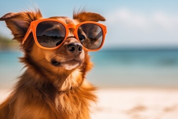 Dog At Beach In Sunglasses, Enjoying Vacation And Fashion