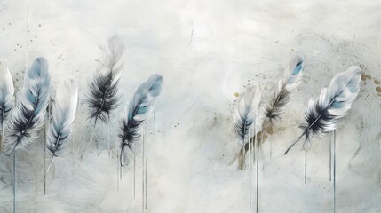  a painting of a group of feathers on a white background.  generative ai