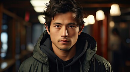Young Asian man close up shot on white. Man face portrait illustration. Generative AI