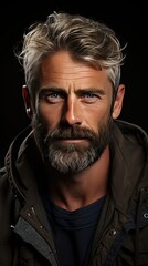Obraz premium Portrait of beautiful mature blonde bearded guy with trendy hairdo in casual grey shirt smiling and looking in camera. Model portrait illustration. Generative AI