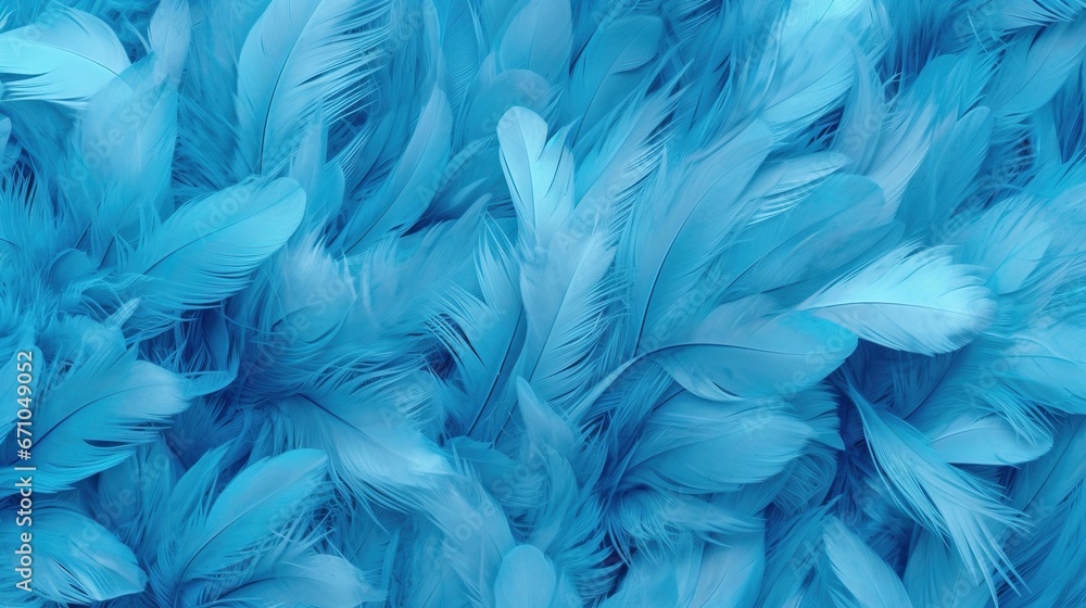 Poster a close up view of a blue feather background with lots of feathers. generative ai