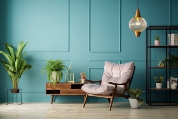 Fototapeta na wymiar Blue living room interior with cozy luxury armchair,3d rendering. generative ai.