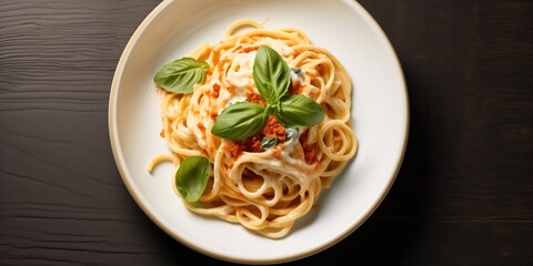 Fettuccine Alfredo Served On Plate In Restaurant Spaghetti With Bolognese Sauce, Basil Top View