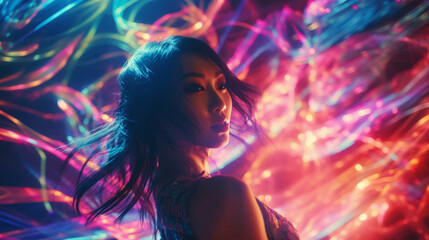 A young, beautiful asian woman dancing at the club surrounded by the colorful lights. Rave, concert, party, event photography - obrazy, fototapety, plakaty