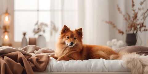 Ginger Mixed Breed Dog In Luxurious Bedroom