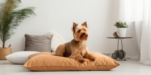 Ginger Mixed Breed Dog In Luxurious Bedroom