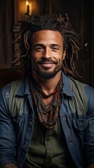 Smiling young african american man with dreadlocks in denim jacket and hat sitting on chair with folded arms and looking at camera on background. Man portrait illustration. Generative AI